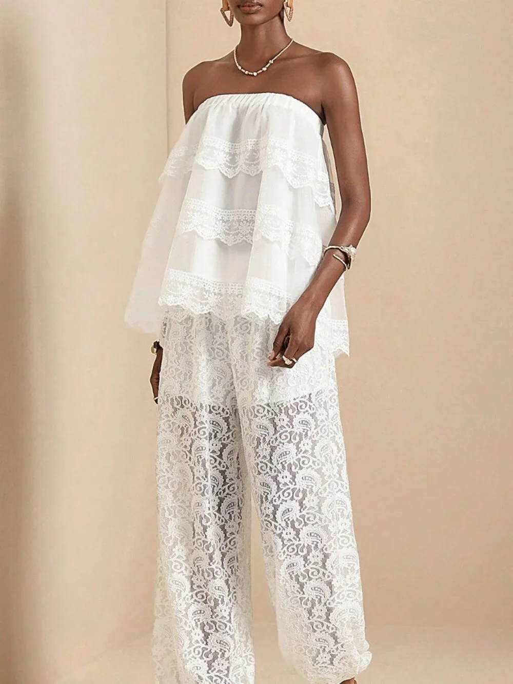 White Boho Women's Lace Trim Bandeau Top